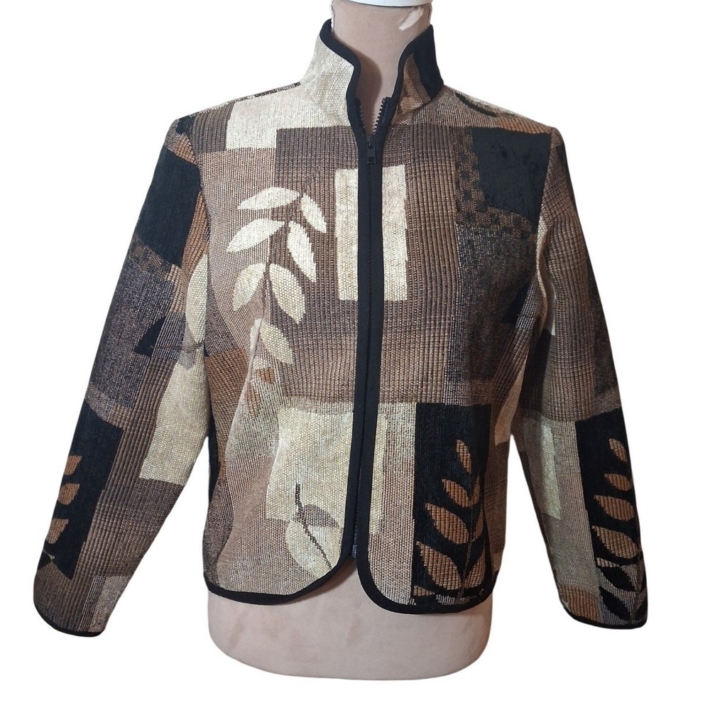 Coldwater Creek Women Fall Petite Small Tapestry Zip Up Jacket Patchwork Brown